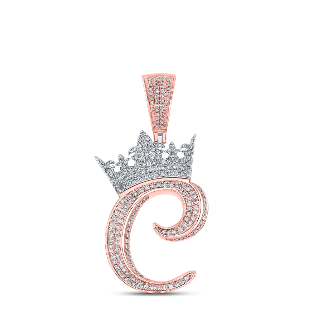 10K Rose Gold Mens Round Diamond Crown Letter Charm Pendant
