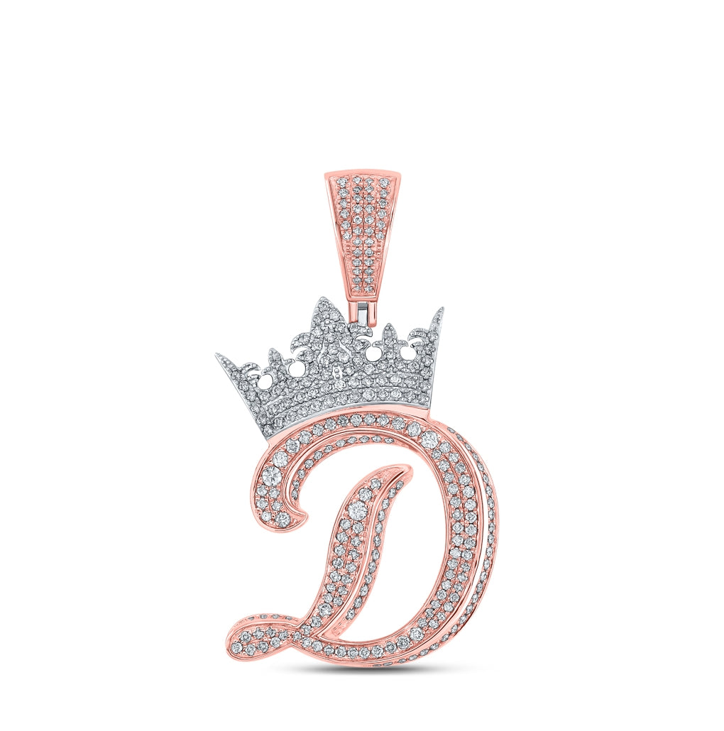 10K Rose Gold Mens Round Diamond Crown Letter Charm Pendant