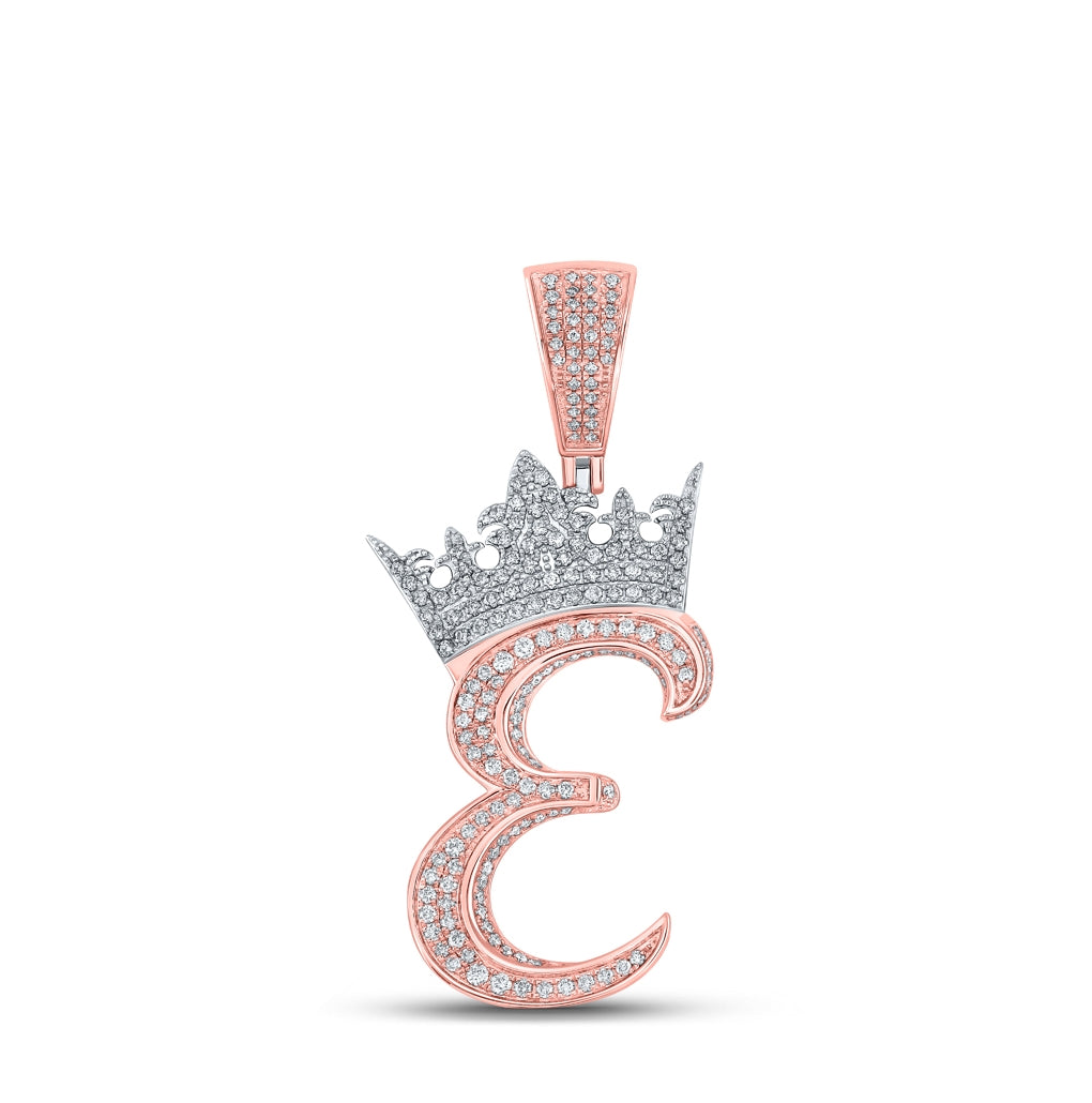 10K Rose Gold Mens Round Diamond Crown Letter Charm Pendant
