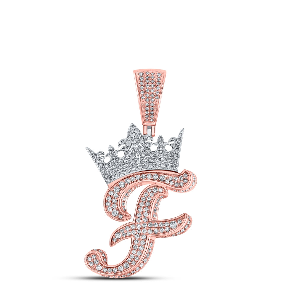 10K Rose Gold Mens Round Diamond Crown Letter Charm Pendant