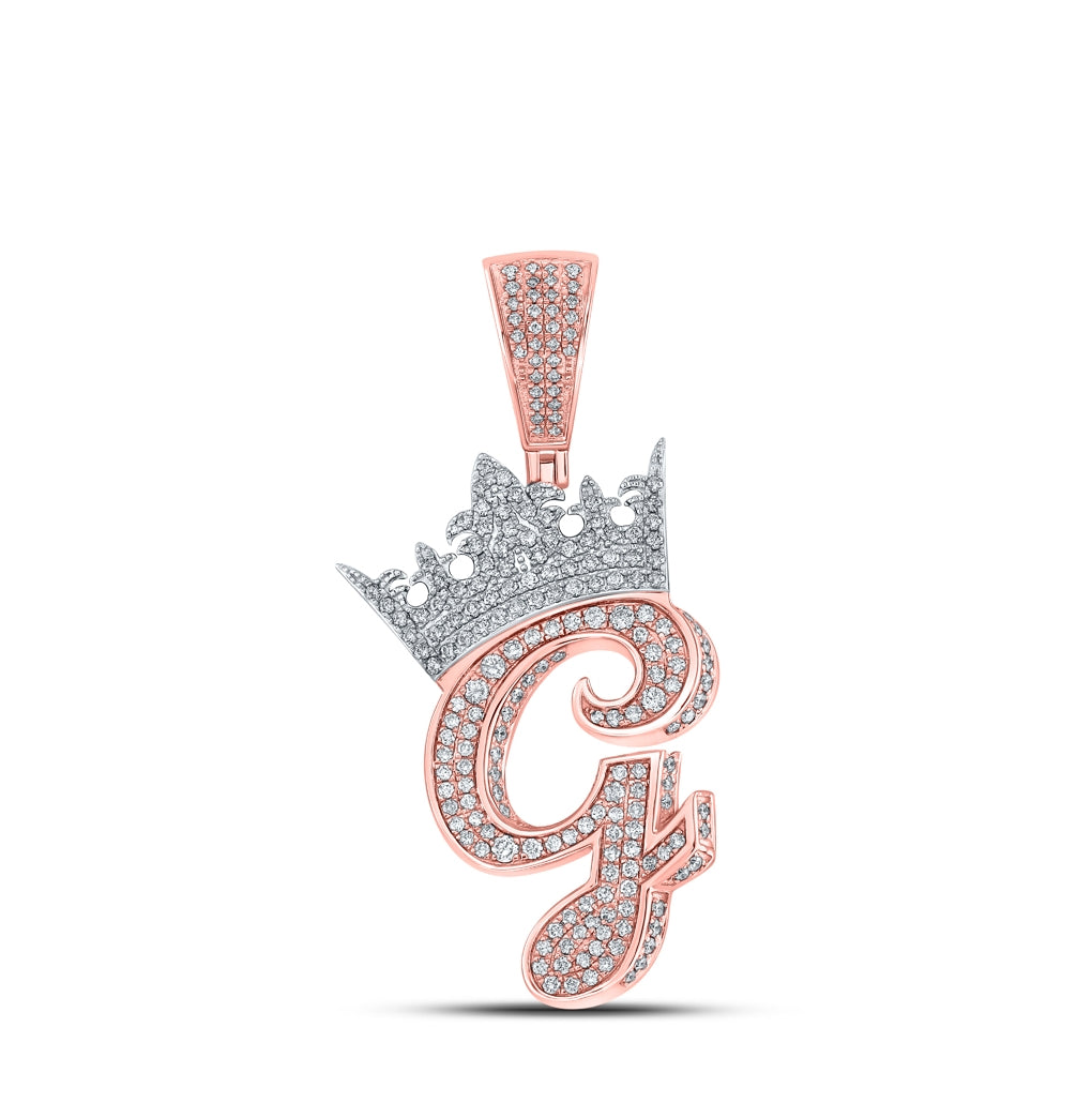 10K Rose Gold Mens Round Diamond Crown Letter Charm Pendant
