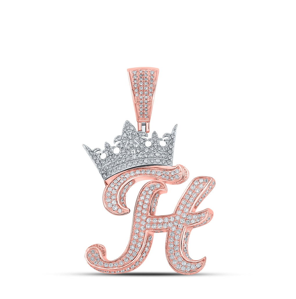 10K Rose Gold Mens Round Diamond Crown Letter Charm Pendant