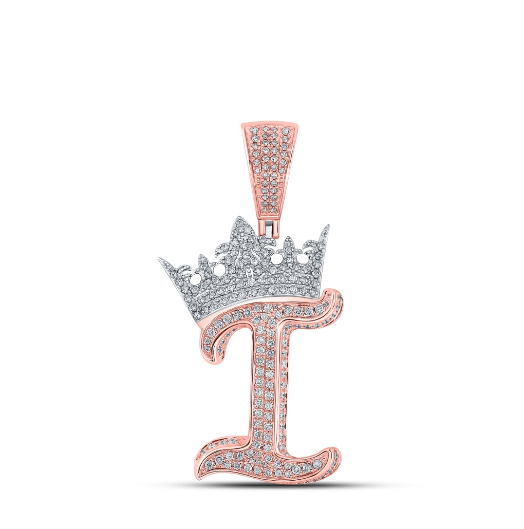 10K Rose Gold Mens Round Diamond Crown Letter Charm Pendant