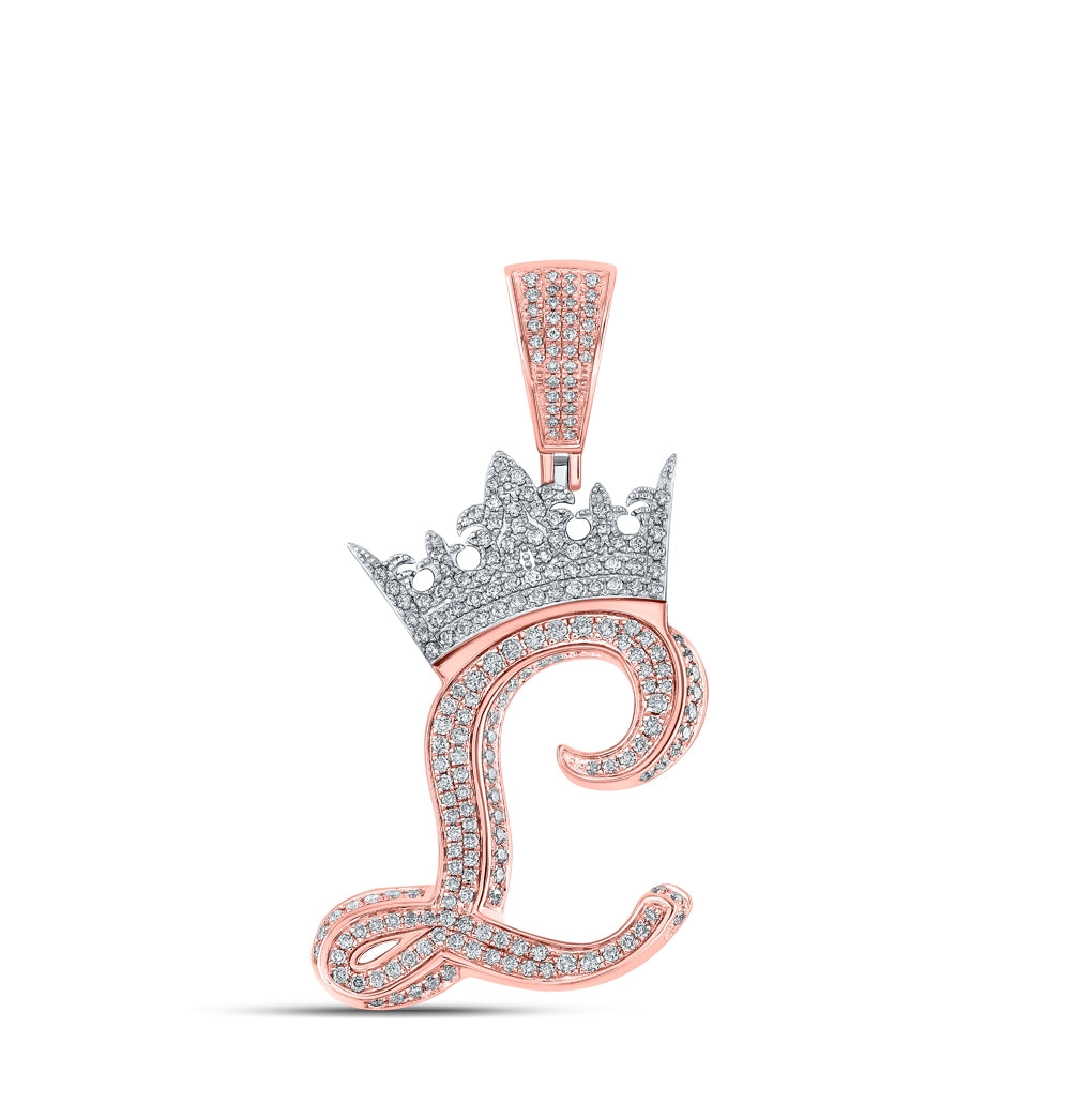 10K Rose Gold Mens Round Diamond Crown Letter Charm Pendant