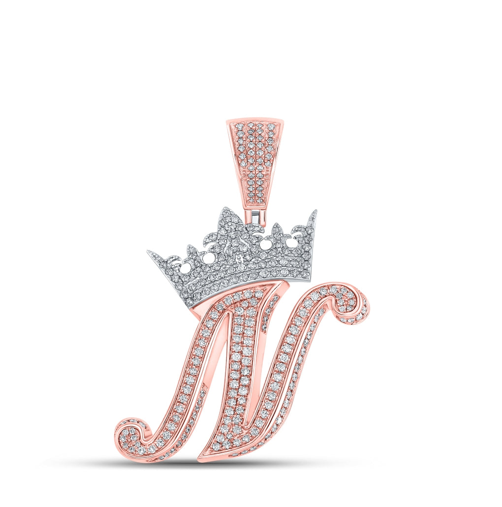 10K Rose Gold Mens Round Diamond Crown Letter Charm Pendant