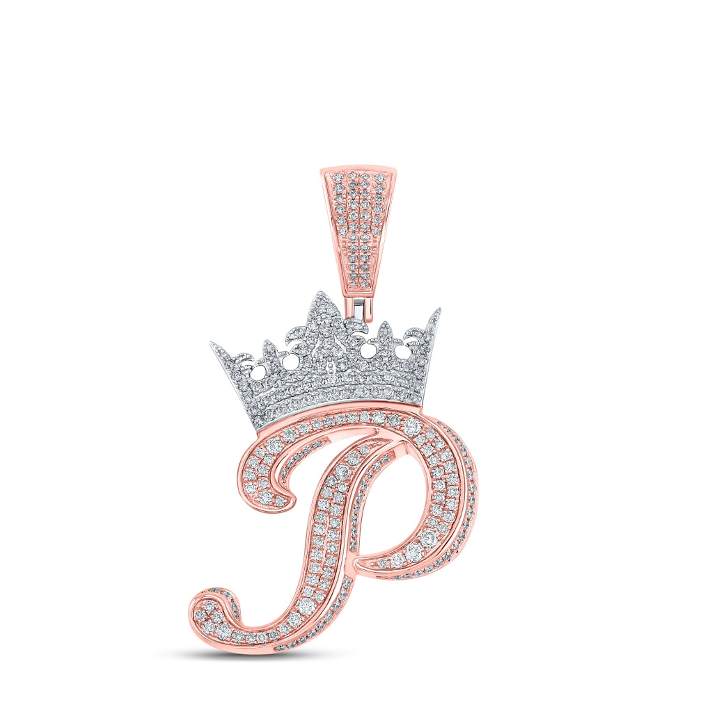 10K Rose Gold Mens Round Diamond Crown Letter Charm Pendant