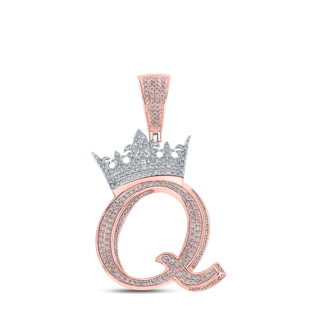 10K Rose Gold Mens Round Diamond Crown Letter Charm Pendant