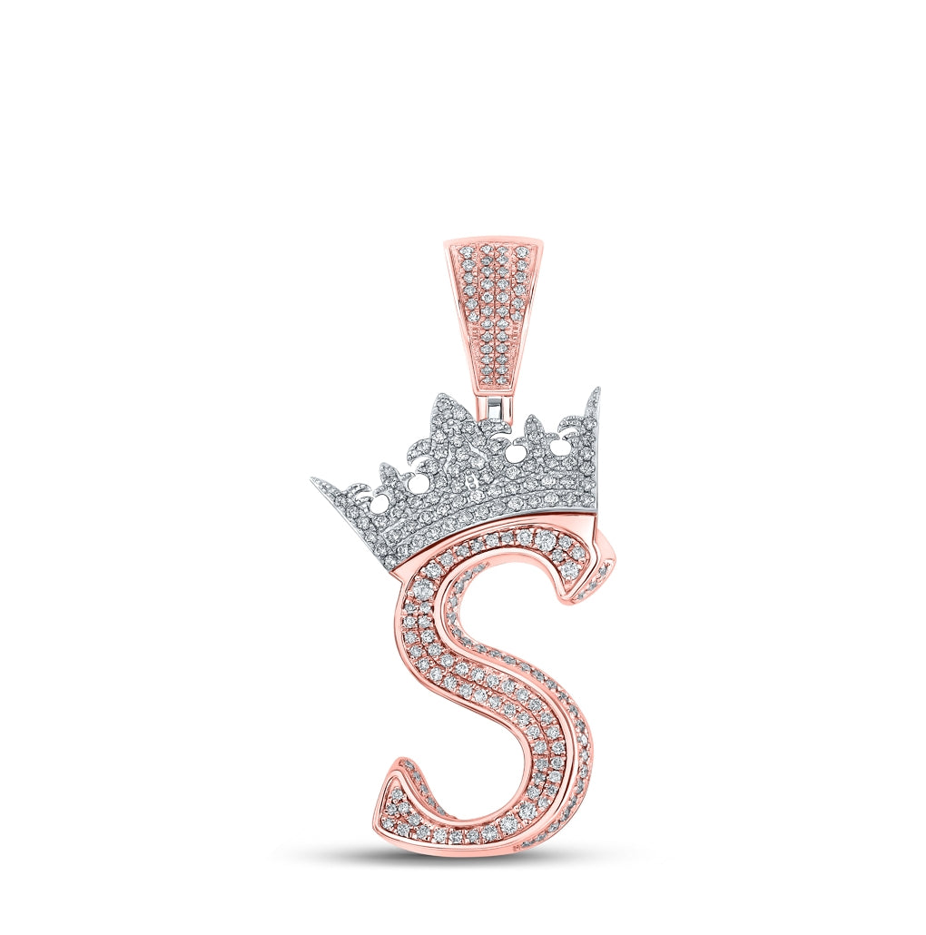 10K Rose Gold Mens Round Diamond Crown Letter Charm Pendant