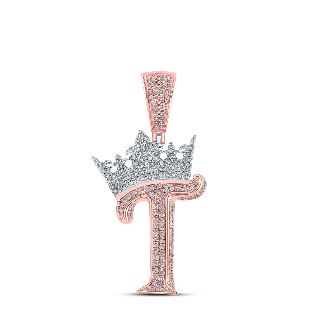 10K Rose Gold Mens Round Diamond Crown Letter Charm Pendant