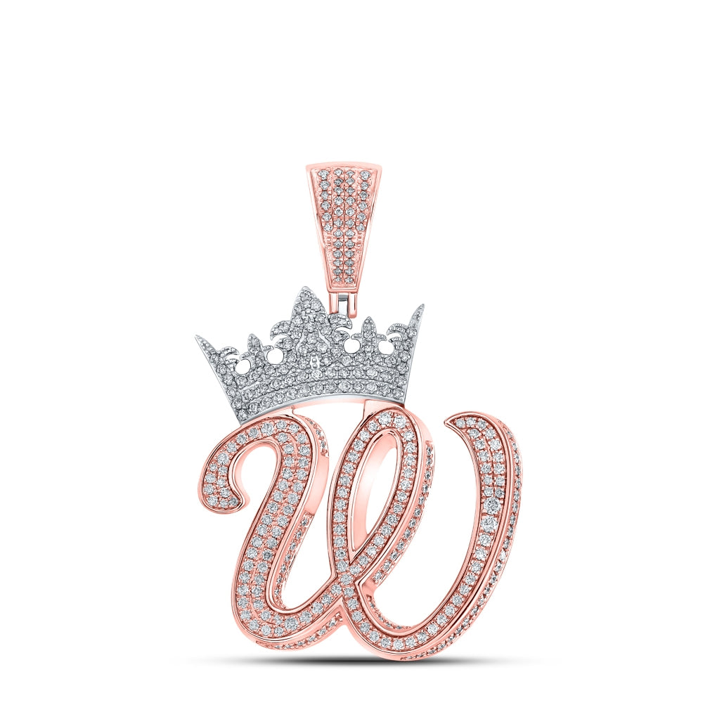 10K Rose Gold Mens Round Diamond Crown Letter Charm Pendant