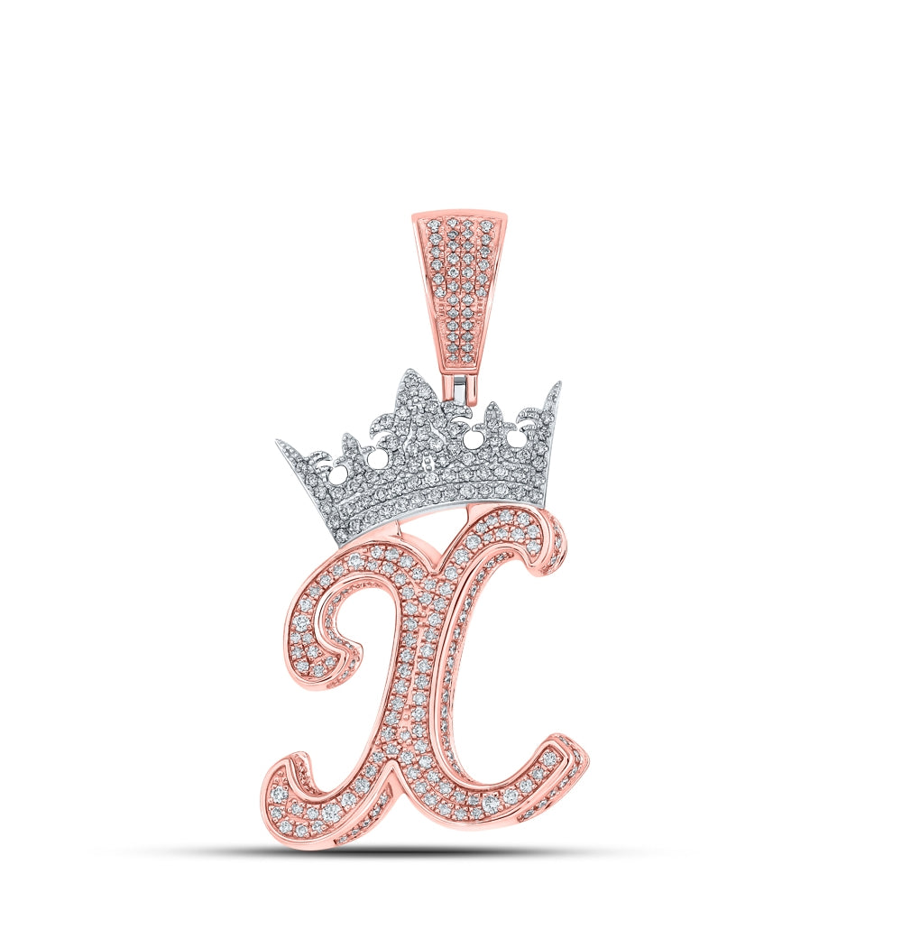 10K Rose Gold Mens Round Diamond Crown Letter Charm Pendant