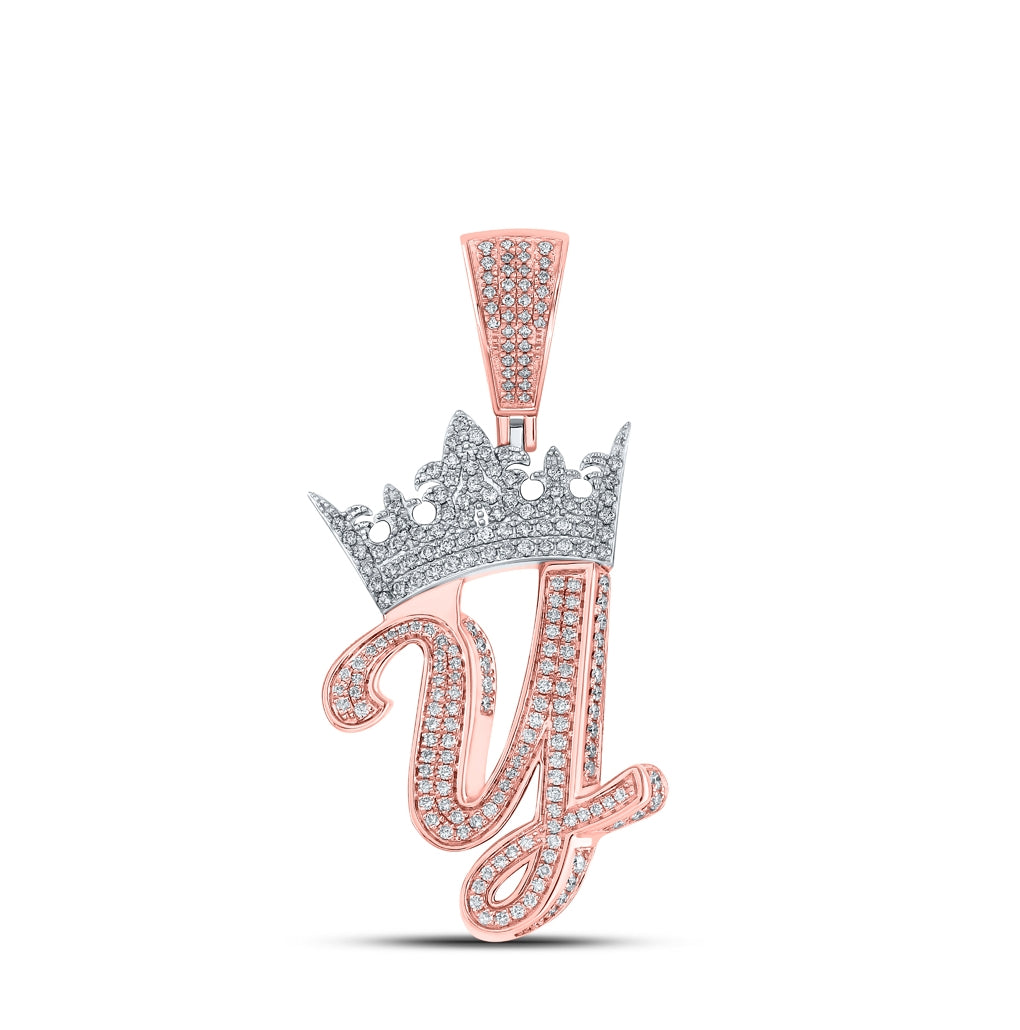 10K Rose Gold Mens Round Diamond Crown Letter Charm Pendant
