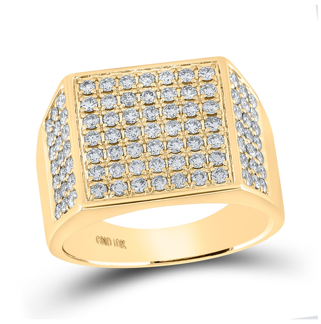 10K Yellow Gold Mens Round Diamond Square Ring 1-1/2 Cttw, Mens Size: 7-13