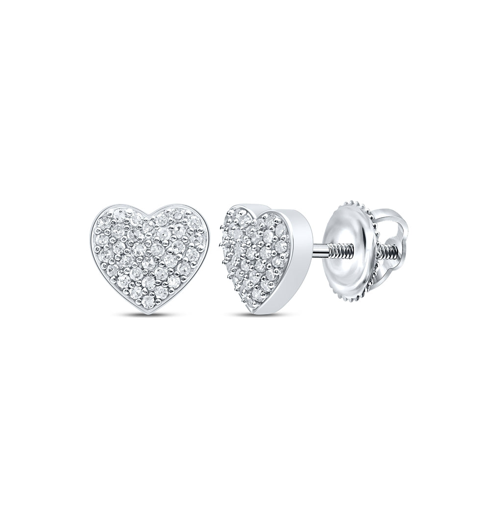 10K White Gold Womens Round Diamond Heart Earrings 1/5ctw