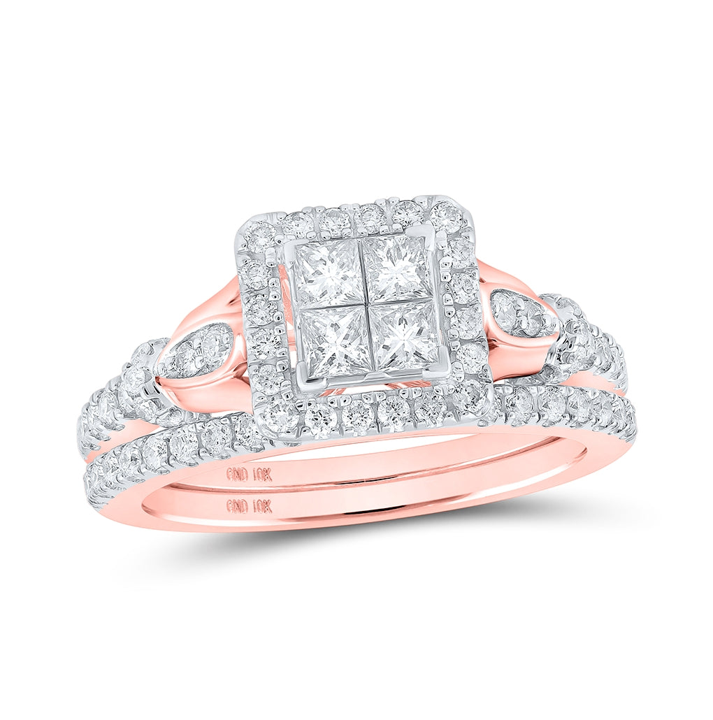 10K Rose Gold Princess Diamond Square Bridal Wedding Ring Band Set 7/8 Cttw, Womens Size: 5-10