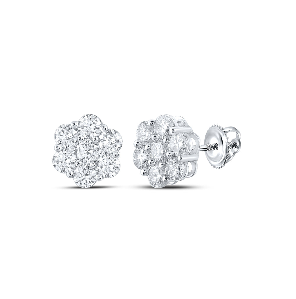 14K White Gold Women's Round Diamond Flower Cluster Earrings 2ctw