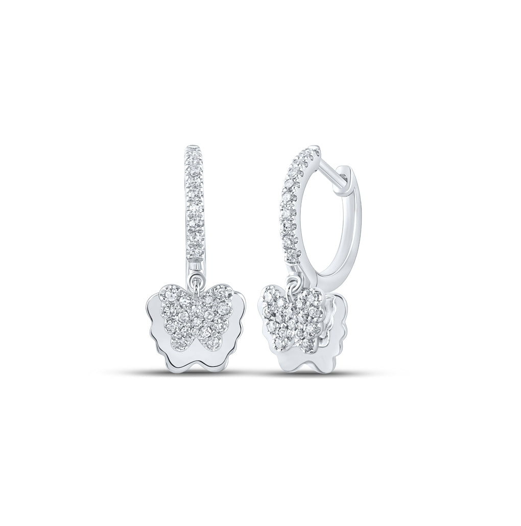 10K Yellow Or White Or Rose Gold Womens Round Diamond Dangle Hoop Butterfly Earrings