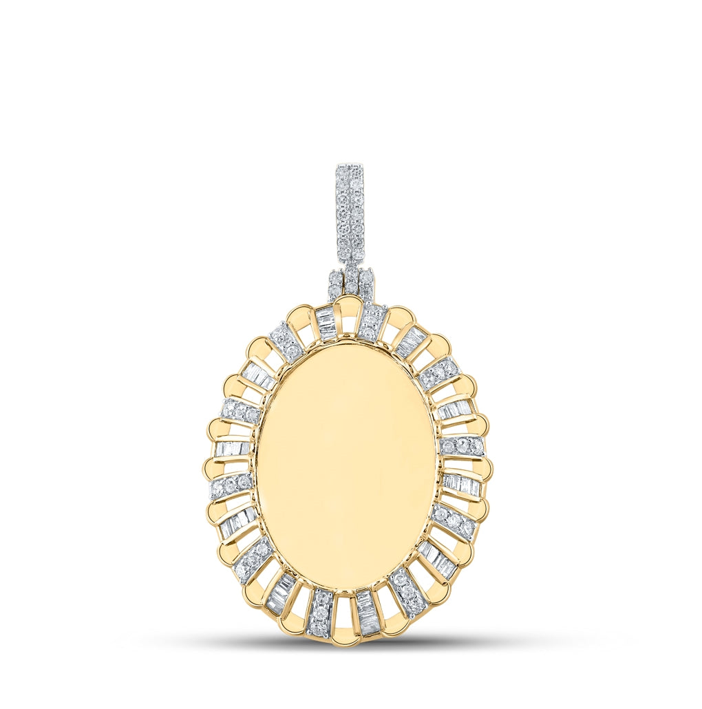 10K Yellow Gold Mens Baguette Diamond Oval Memory Charm Pendant 1 Cttw, Length: 1.38 In, Width: 1.1 In