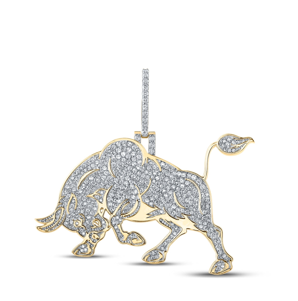10K Yellow Gold Mens Round Diamond Bull Charm Pendant 2 Cttw, Length: 1.5 In, Width: 2.09 In