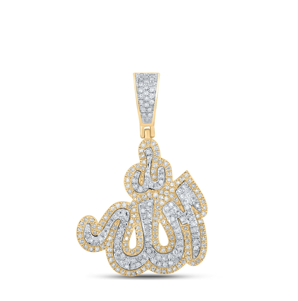 10K Yellow Gold Mens Round Diamond Allah Islam Charm Pendant 3/4 Cttw, Length: 1.34 In, Width: 0.93 In