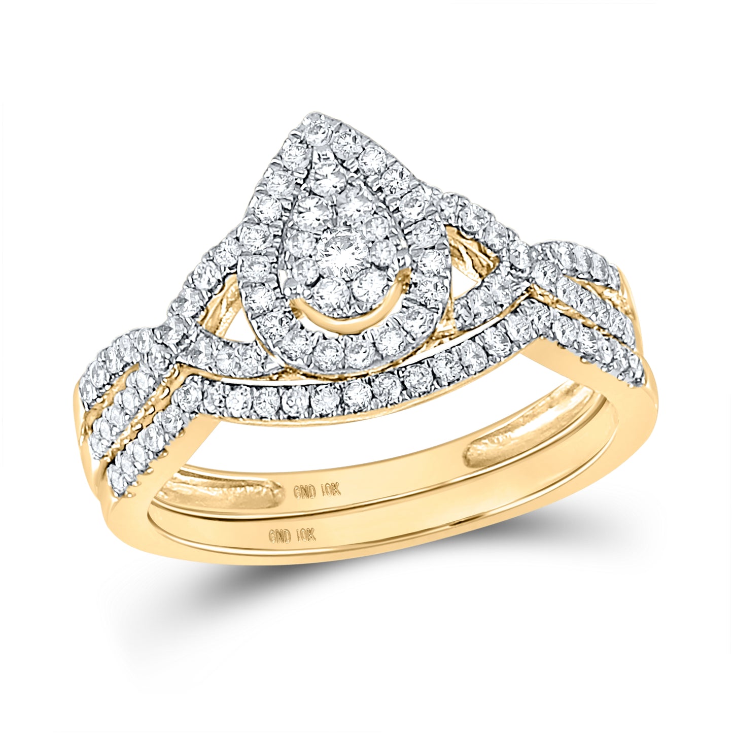 10K Yellow Or White Gold Round Diamond Teardrop Bridal Wedding Ring Band Set 1/2 Cttw, Womens Size: 5-10
