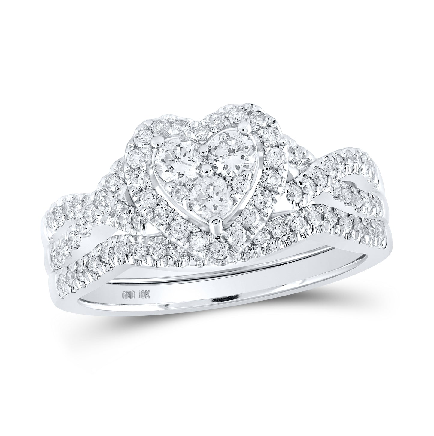 10K White Or Yellow Gold Round Diamond Heart Bridal Wedding Ring Band Set , Womens Size: 5-10