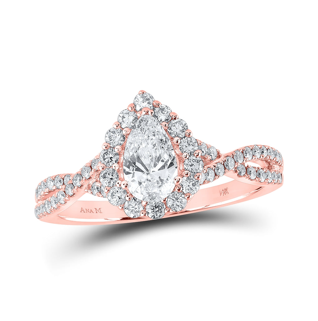 14K Rose Gold Pear Diamond Halo Bridal Wedding Engagement Ring 1 Cttw, Womens Size: 5-10