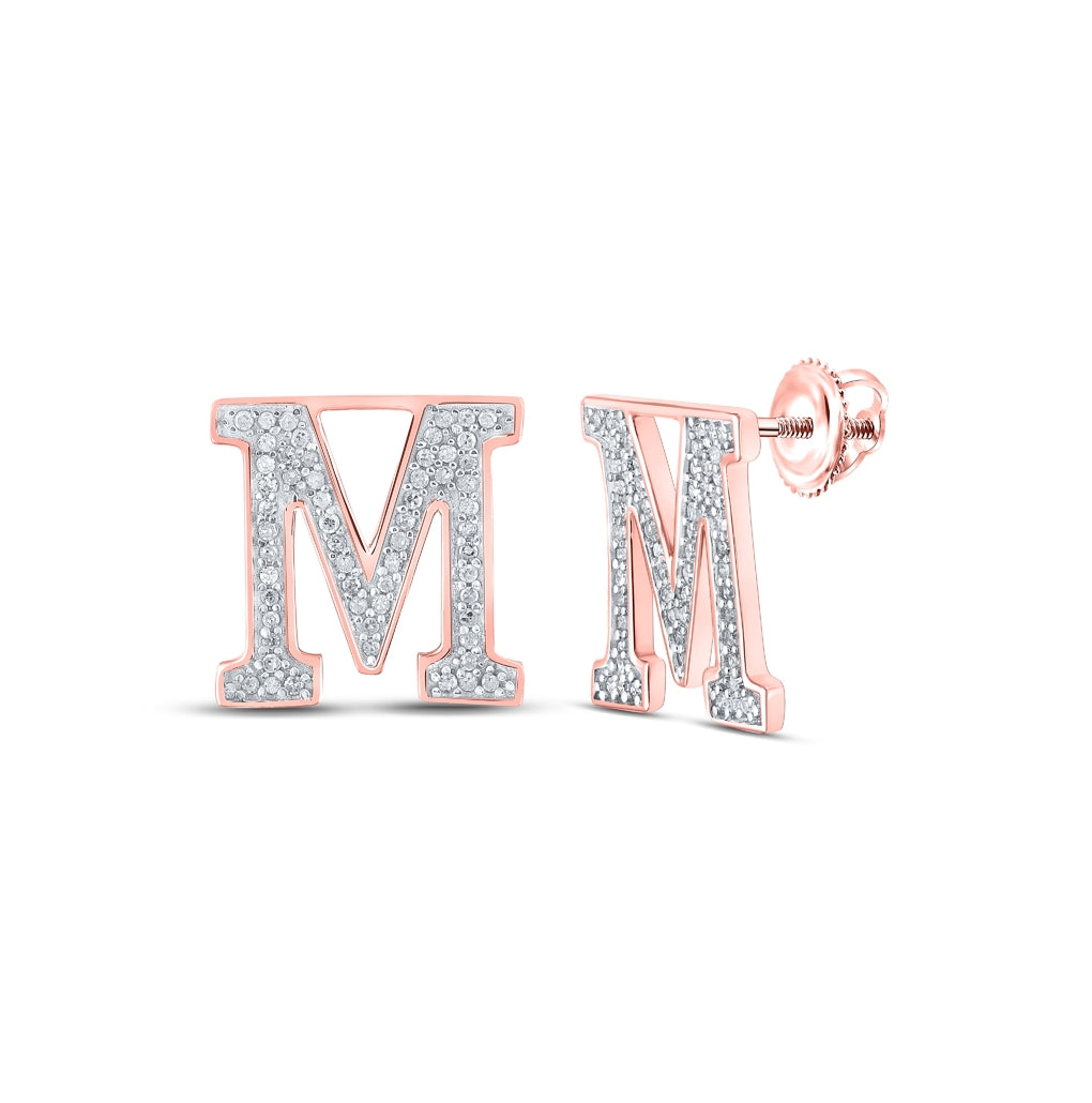 10K Yellow Or White Or Rose Gold Womens Round Diamond M Initial Letter Earrings