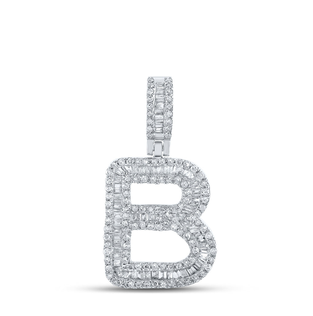 10K White Gold Mens Baguette Diamond Initial Letter Pendant