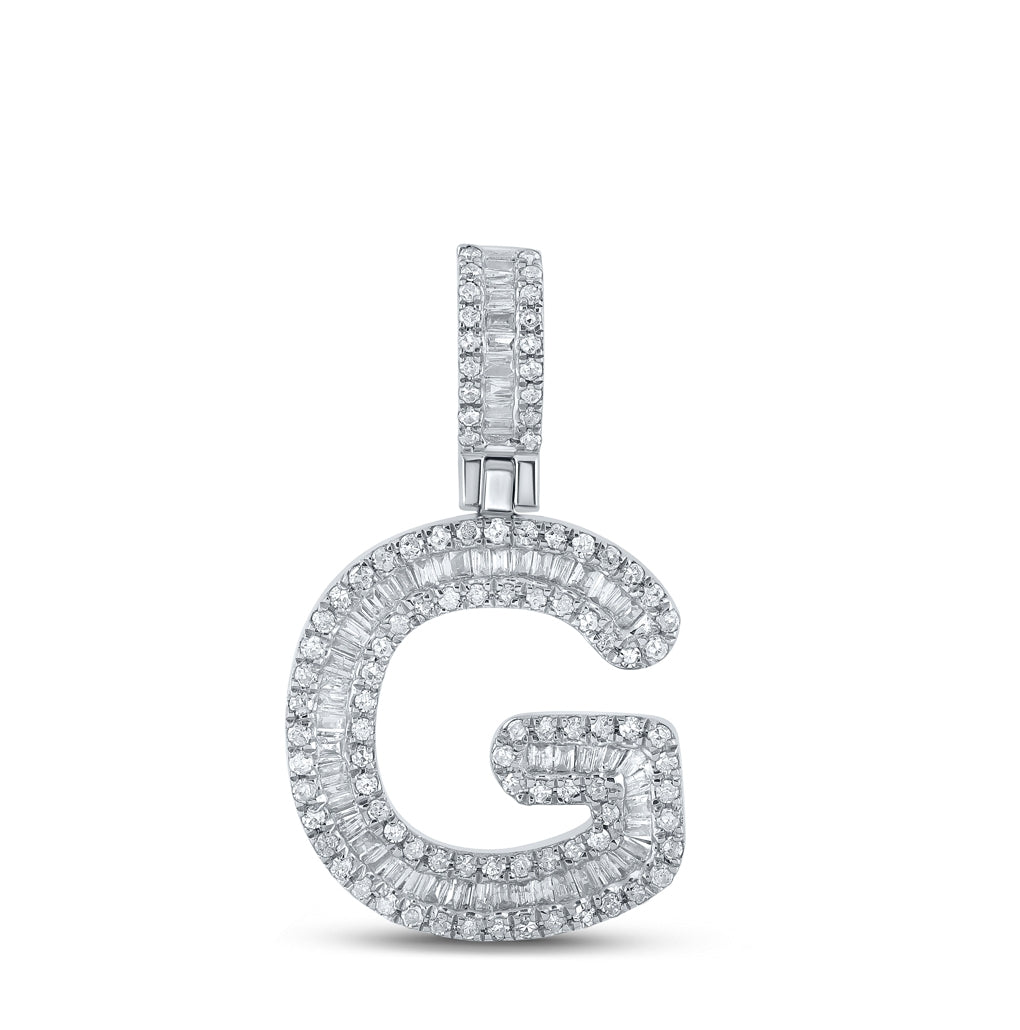 10K White Gold Mens Baguette Diamond Initial Letter Pendant