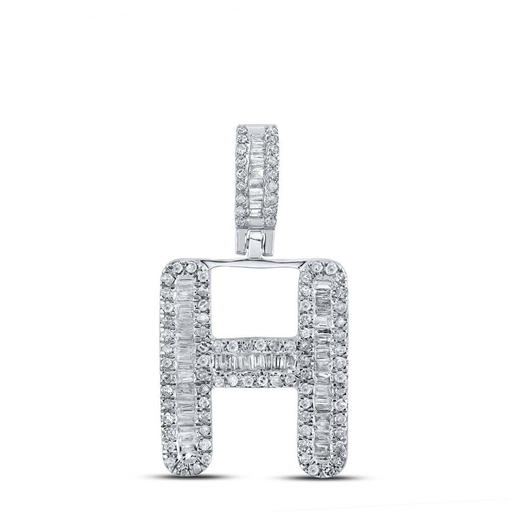 10K White Gold Mens Baguette Diamond Initial Letter Pendant