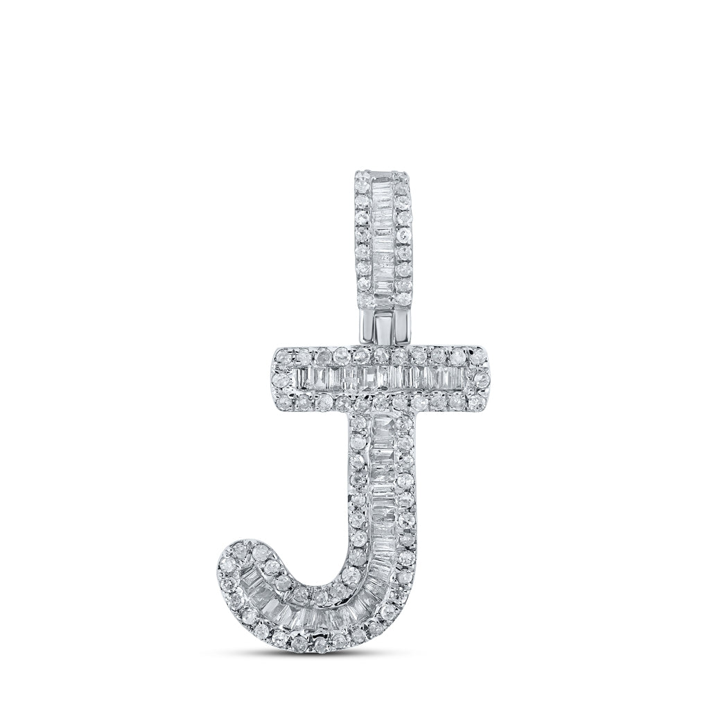 10K White Gold Mens Baguette Diamond Initial Letter Pendant