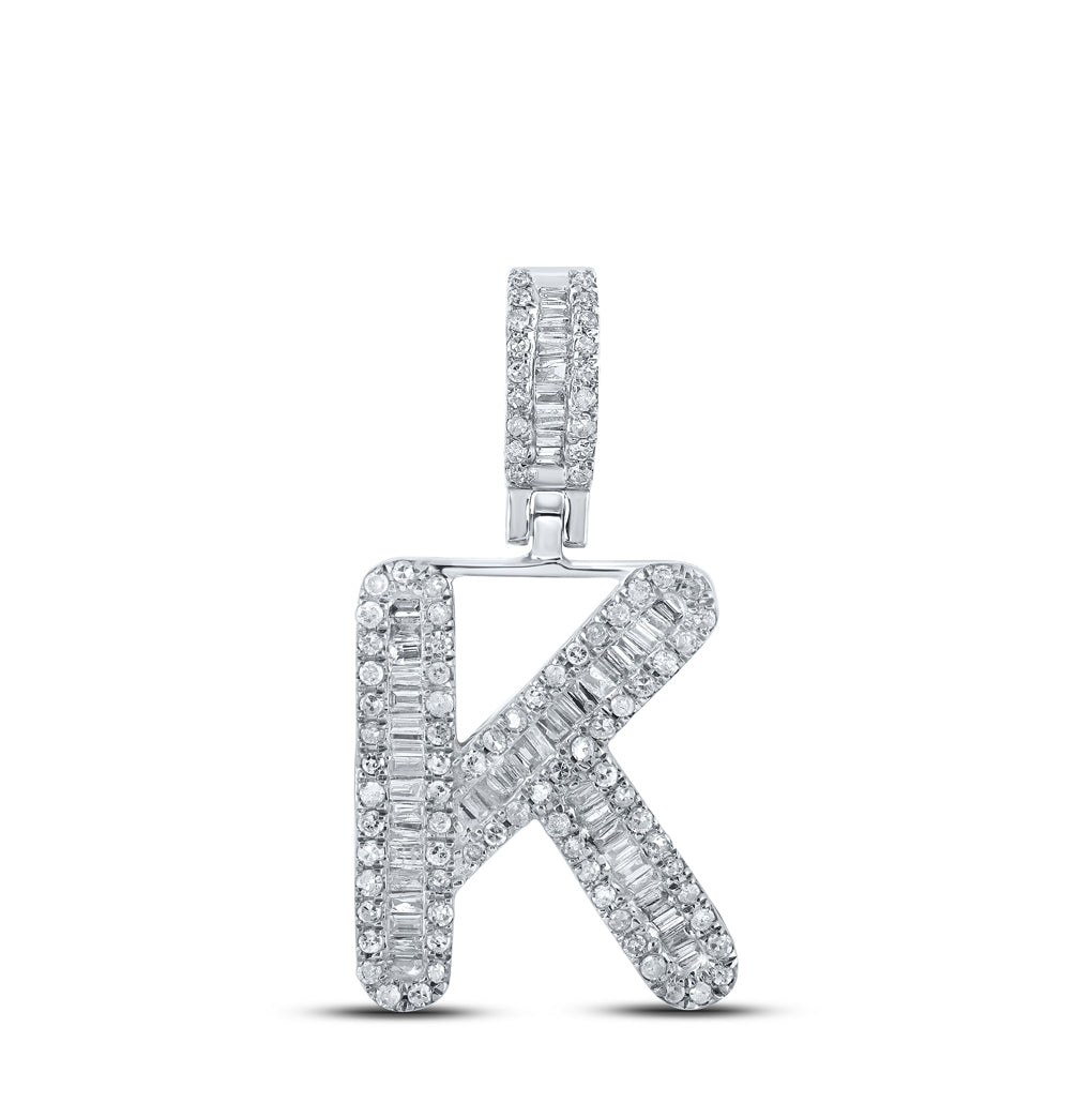10K White Gold Mens Baguette Diamond Initial Letter Pendant