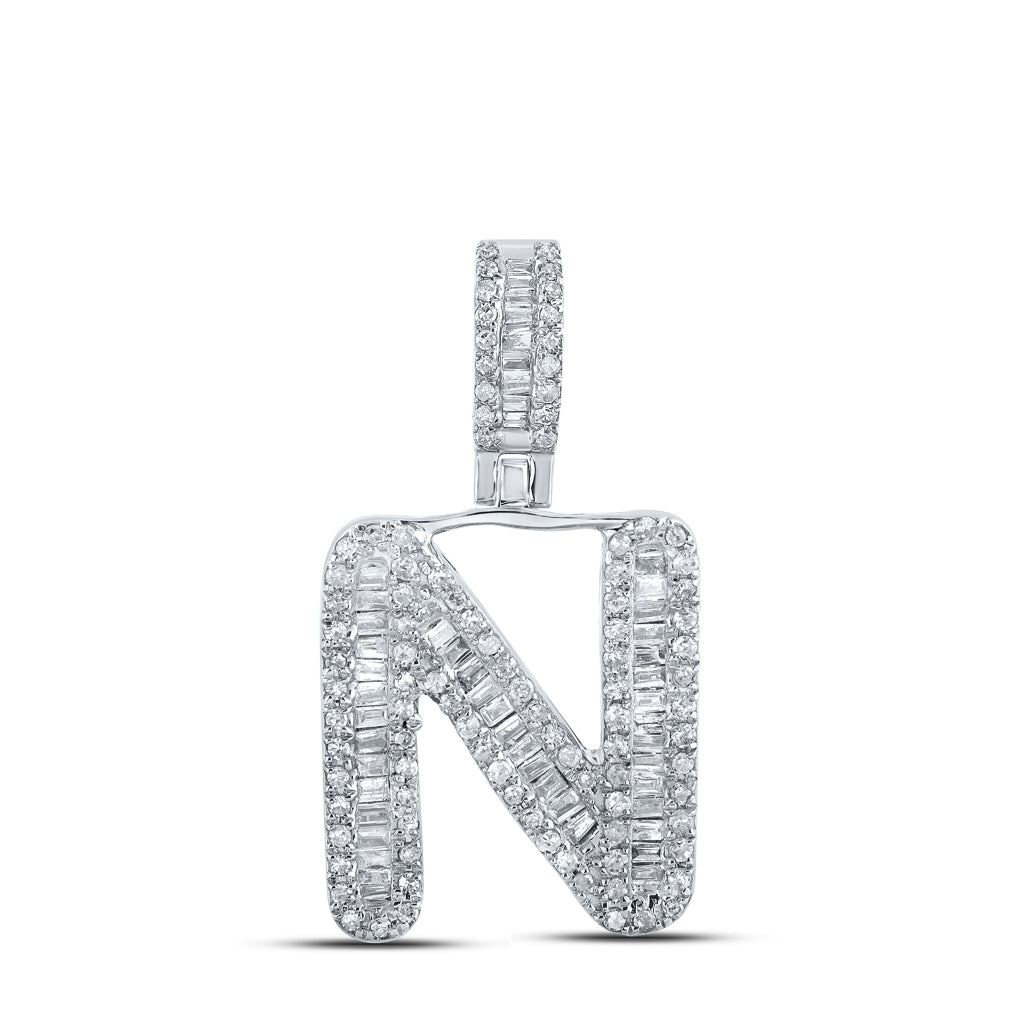 10K White Gold Mens Baguette Diamond Initial Letter Pendant