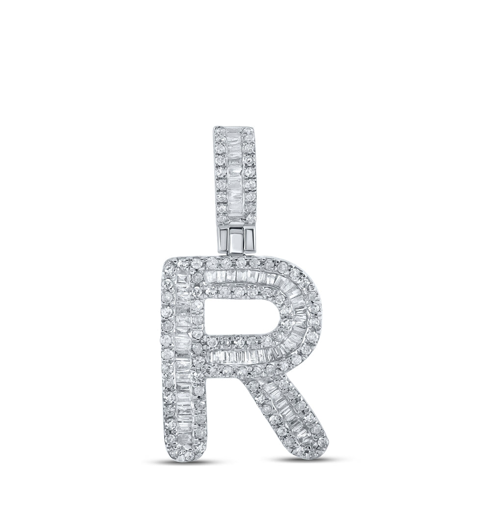 10K White Gold Mens Baguette Diamond Initial Letter Pendant