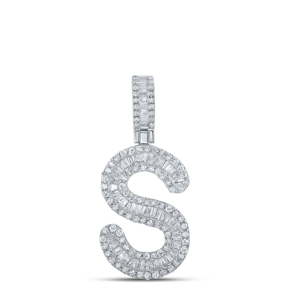 10K White Gold Mens Baguette Diamond Initial Letter Pendant