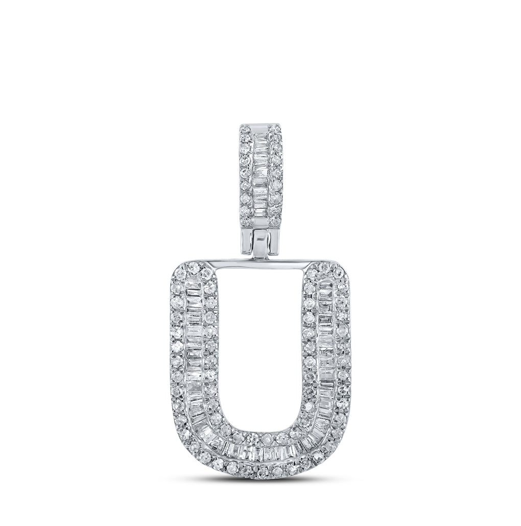10K White Gold Mens Baguette Diamond Initial Letter Pendant