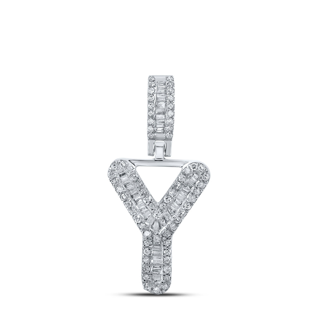 10K White Gold Mens Baguette Diamond Initial Letter Pendant