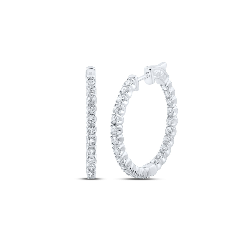 14K White Gold Women's Round Diamond Inside Outside Hoop Earrings 2ctw