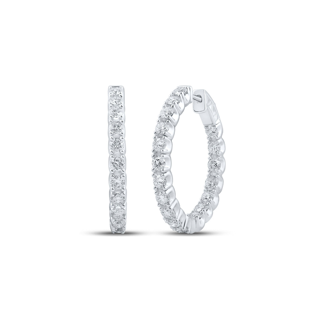 14K White Gold Womens Round Diamond Inside Outside Hoop Earrings 3ctw