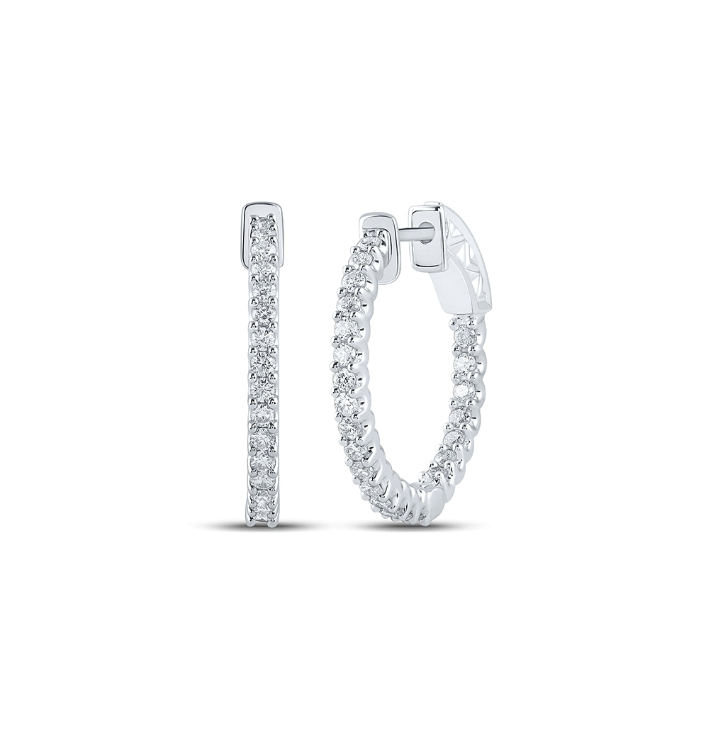 14K White Gold Womens Round Diamond In Out Hoop Earrings 1 Cttw