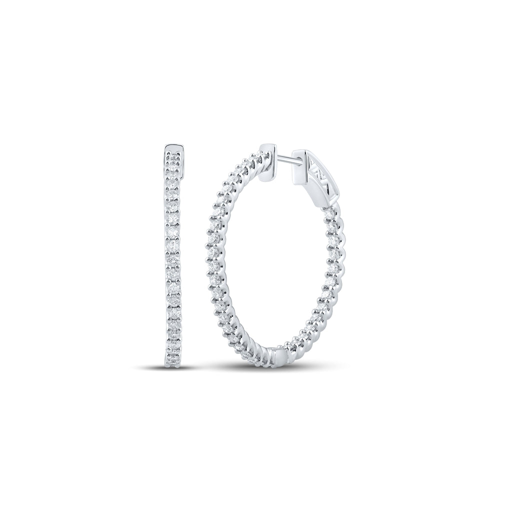 14K White Gold Womens Round Diamond In Out Hoop Earrings 1-1/2 Cttw