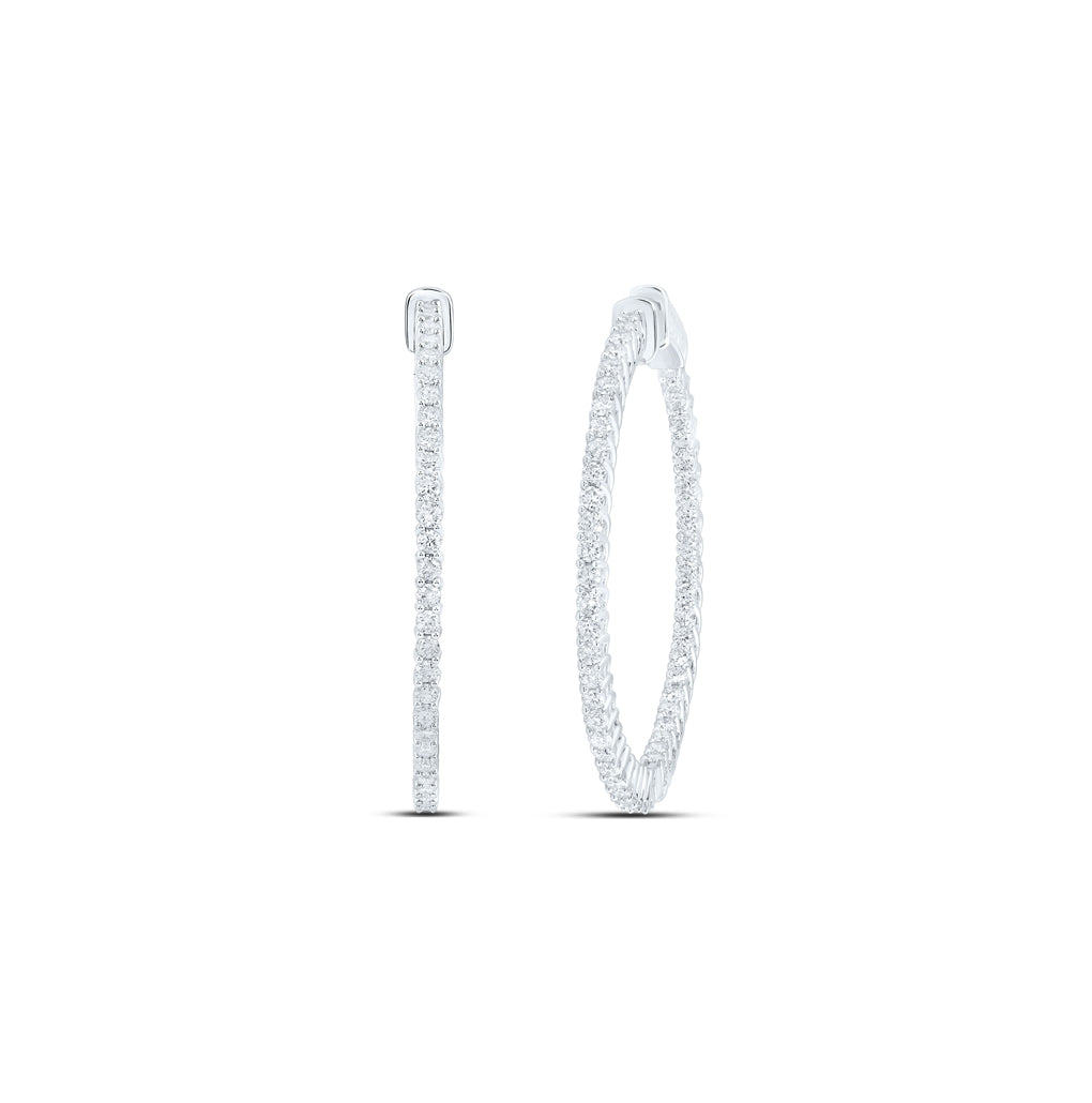 14K White Gold Womens Round Diamond Slender In Out Hoop Earrings 2 Cttw