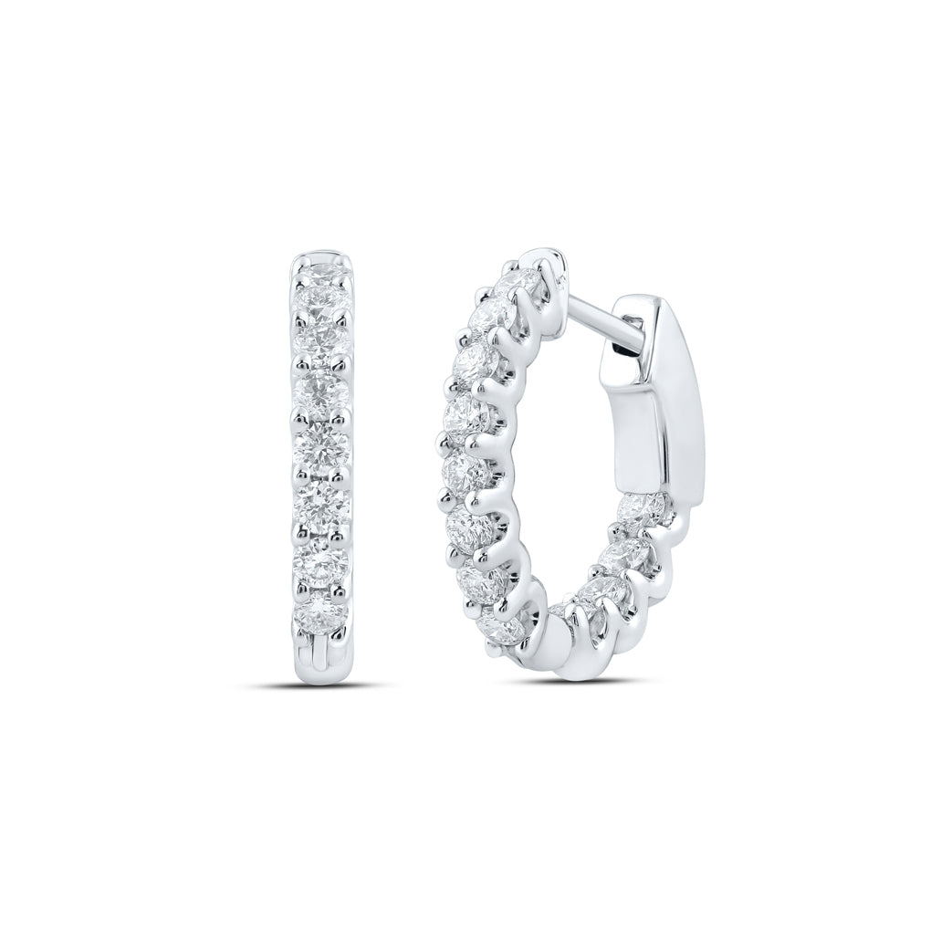 14K White Gold Womens Round Diamond Inside Outside Hoop Earrings 1ctw