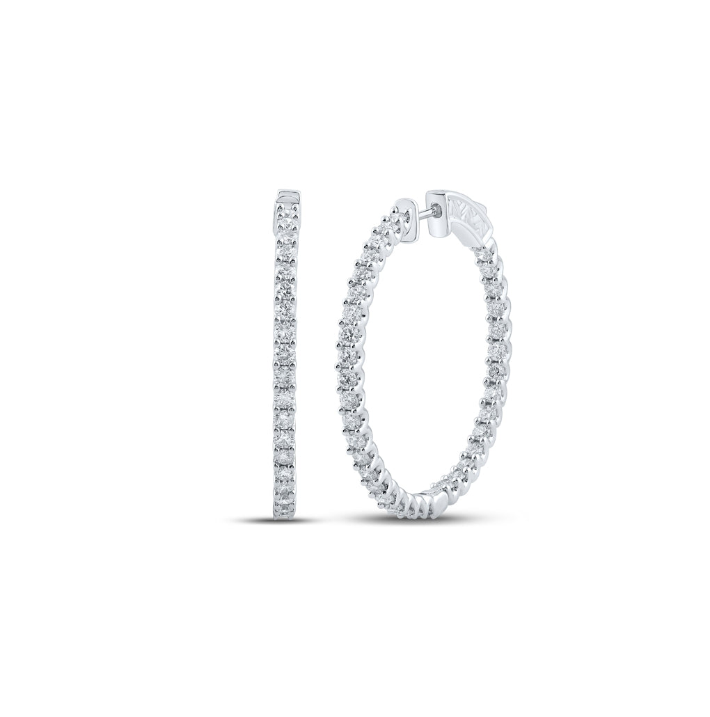 14K White Gold Womens Round Diamond Inside Outside Hoop Earrings 2-7/8 Cttw