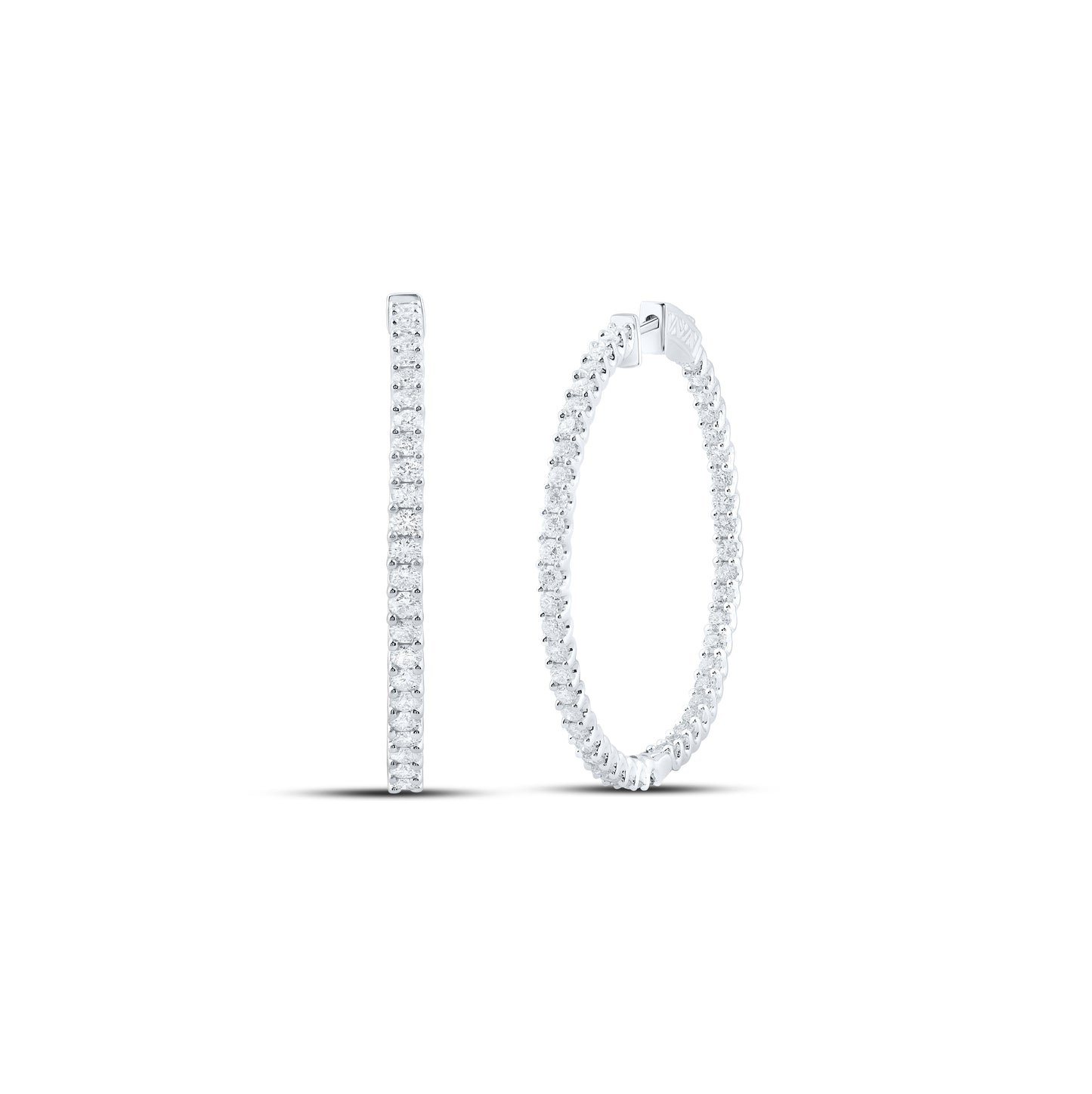 14K White Gold Womens Round Diamond Inside Outside Hoop Earrings 3-7/8 Cttw