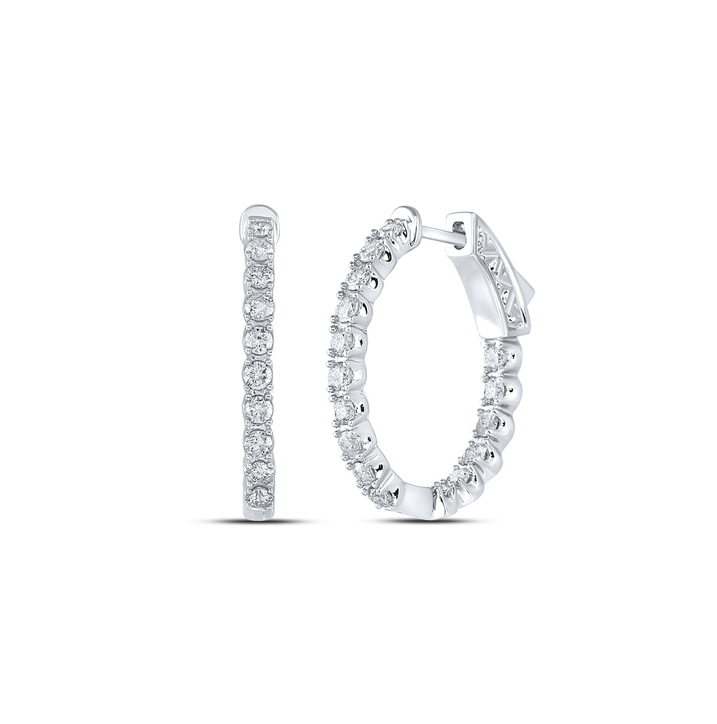 14K White Gold Women's Round Dia. Inside Outside Hoop Earrings 1ctw