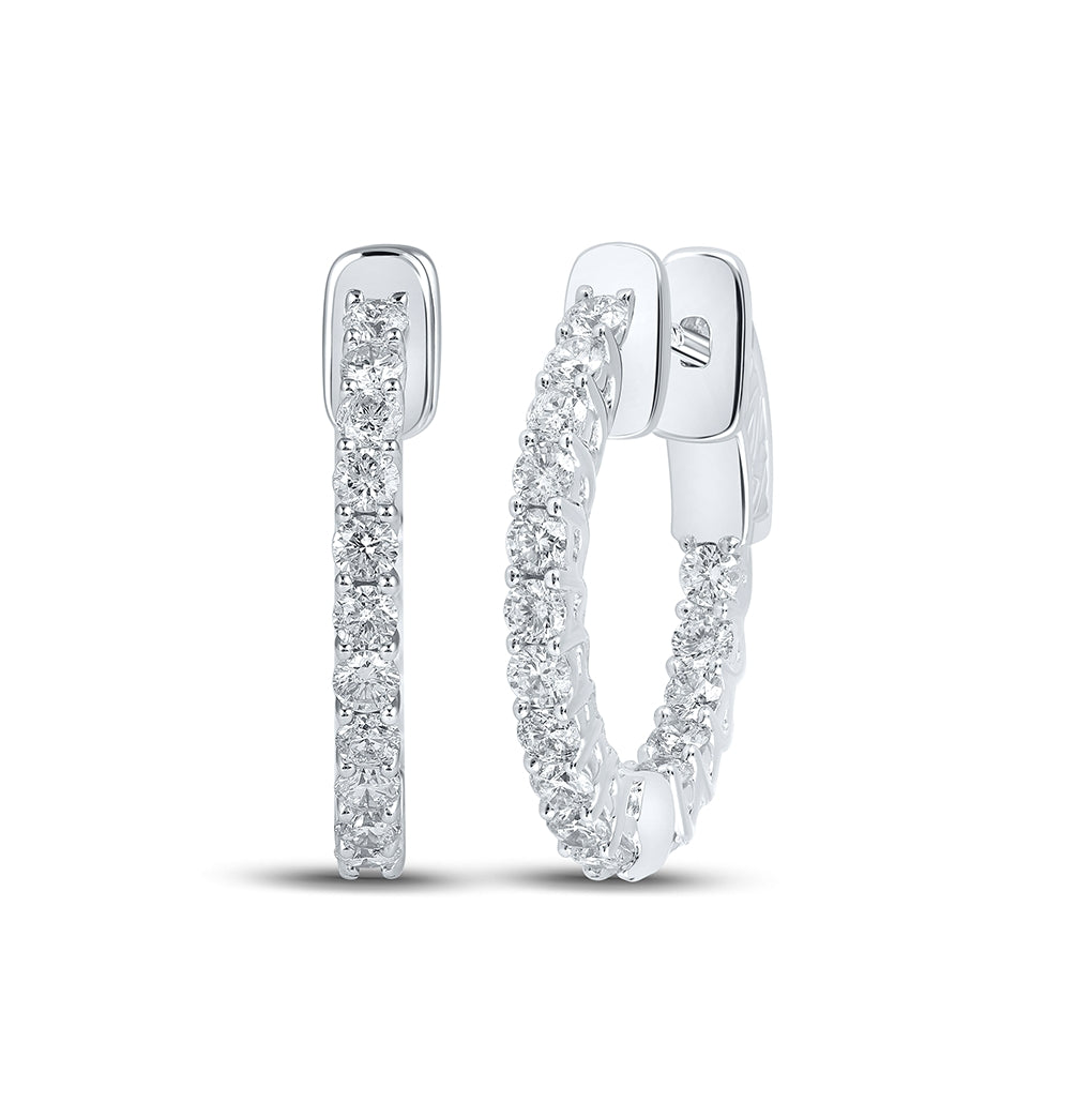 14K White Gold Womens Round Diamond In Out Hoop Earrings 1ctw