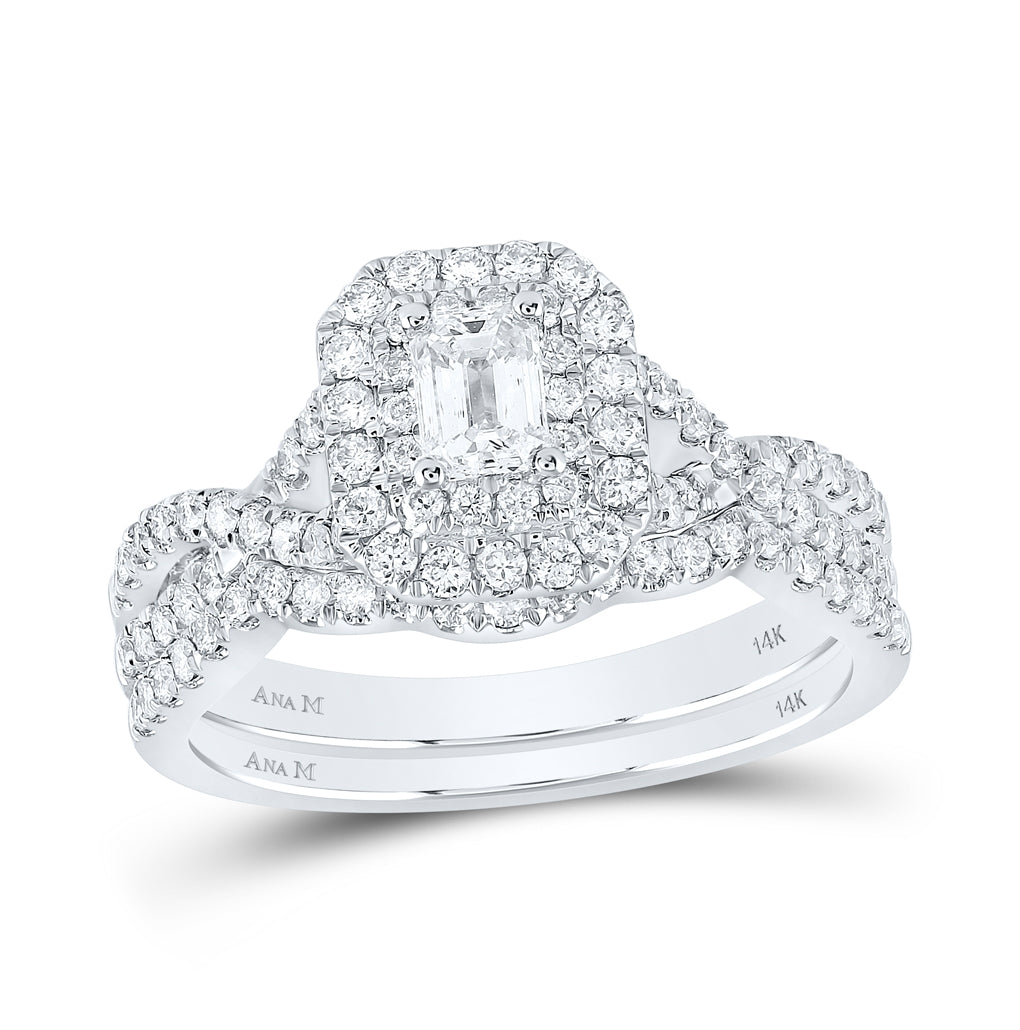 14K White Gold Emerald Dia. Halo Bridal Wedding Band Set 1ctw, Women's Size: 5-10