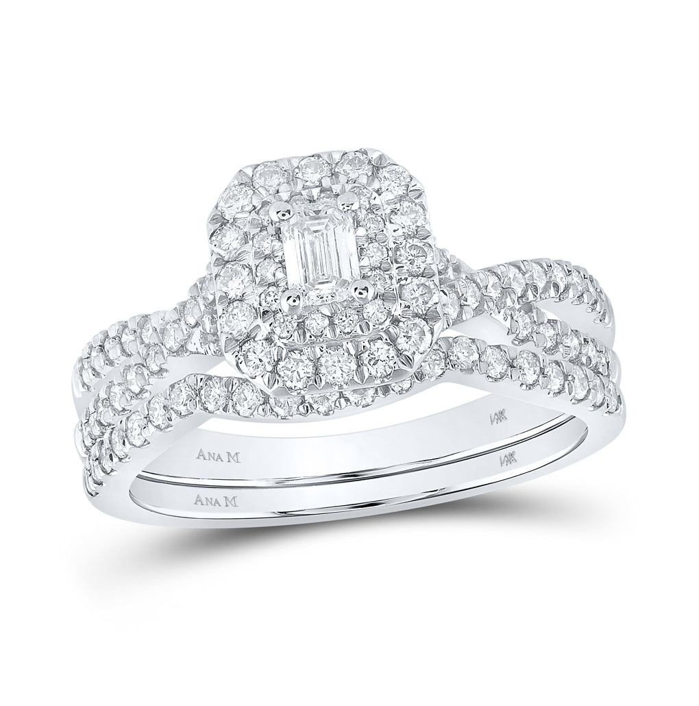 14K White Gold Emerald Dia. Halo Bridal Wedding Band Set 1ctw, Women's Size: 5-10